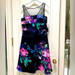 Aidan Mattox Illusion Floral Satin Fit Flare Dress